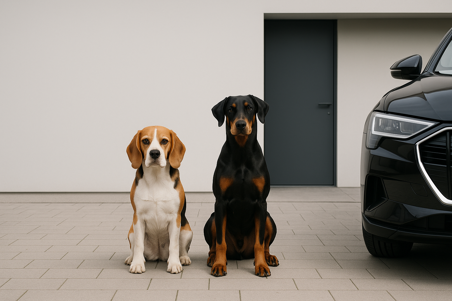 Two dogs sitting in front of a black car on a tiled floor.